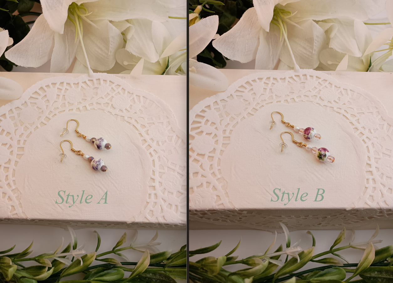 Floral Ceramic & Glass Crystal Drop Earrings | 18K Gold-Plated | 1.5"