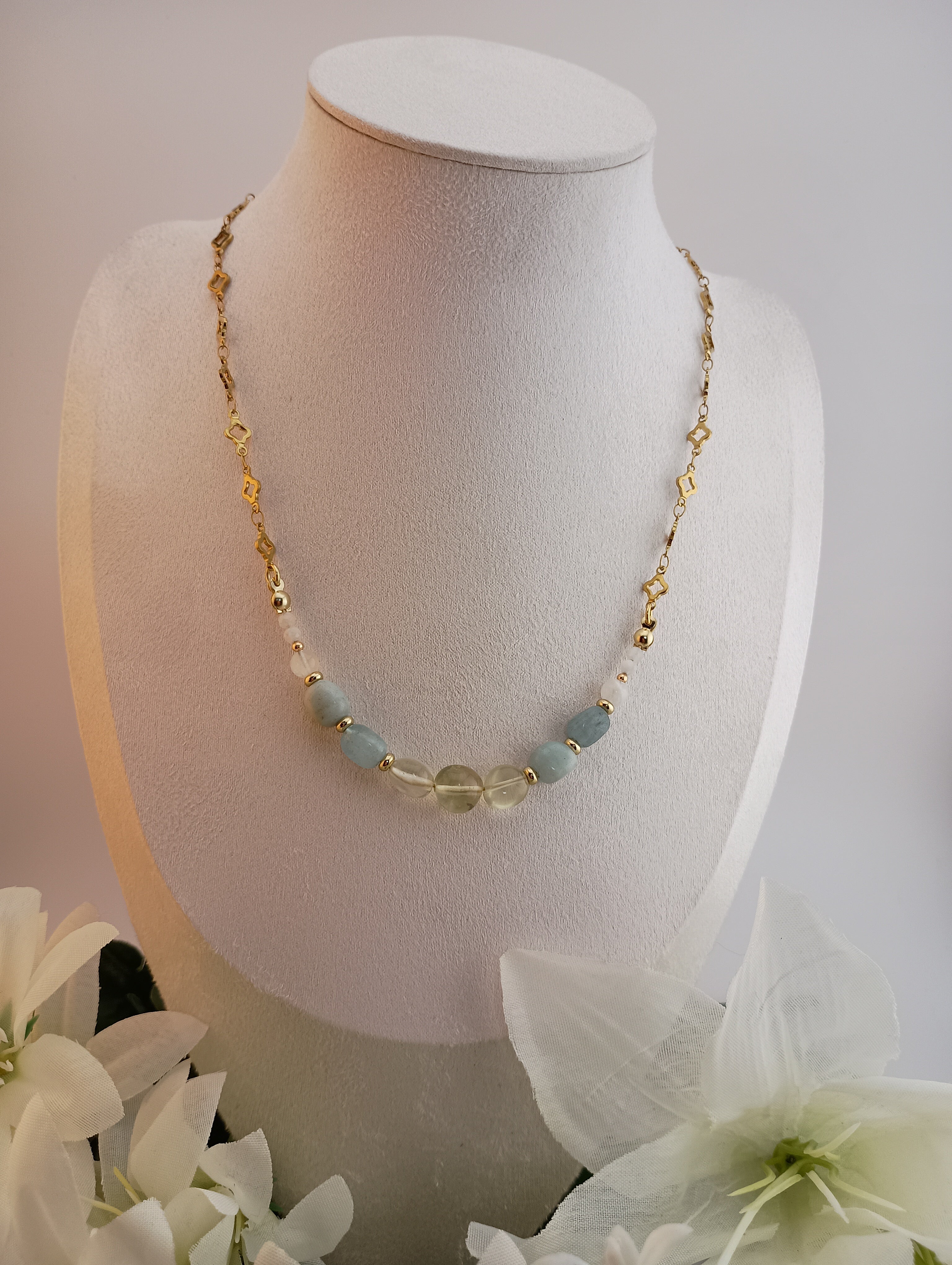 Aquamarine, Lemon Quartz & Moonstone Necklace | 18K Gold-Plated Clover Chain | 16" Adjustable