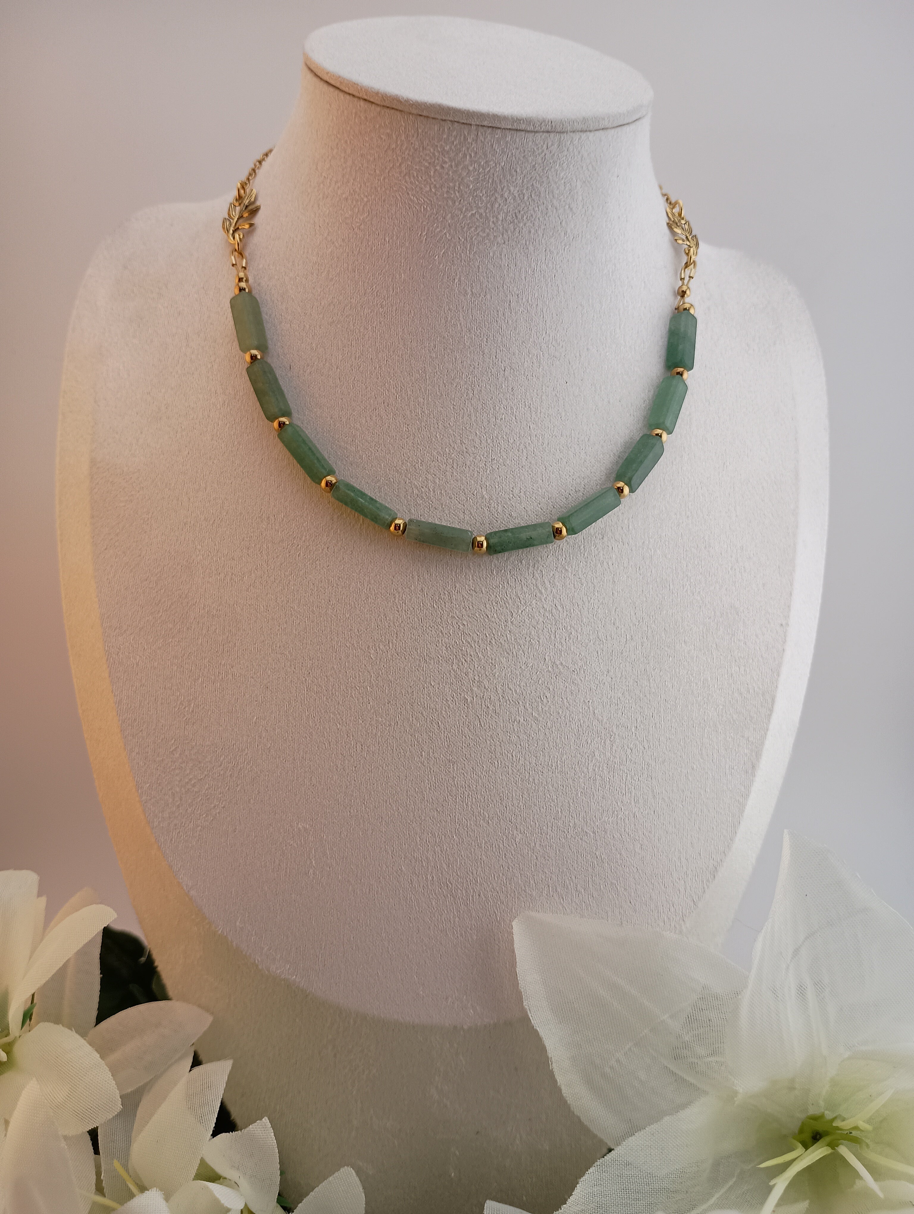 Green Aventurine Necklace | 18K Gold-Plated Leaf Charm | 14" or 18"