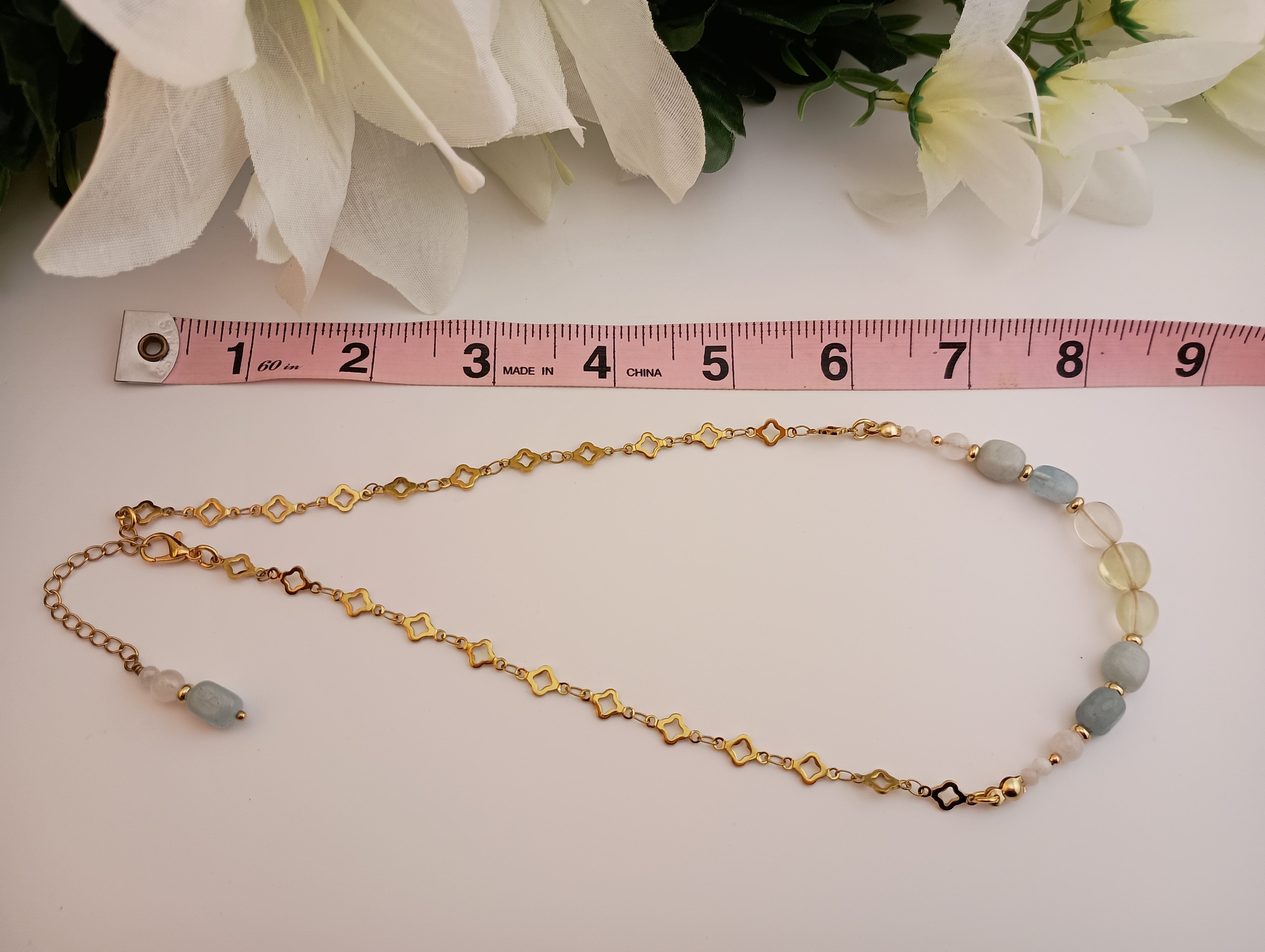 Aquamarine, Lemon Quartz & Moonstone Necklace | 18K Gold-Plated Clover Chain | 16" Adjustable