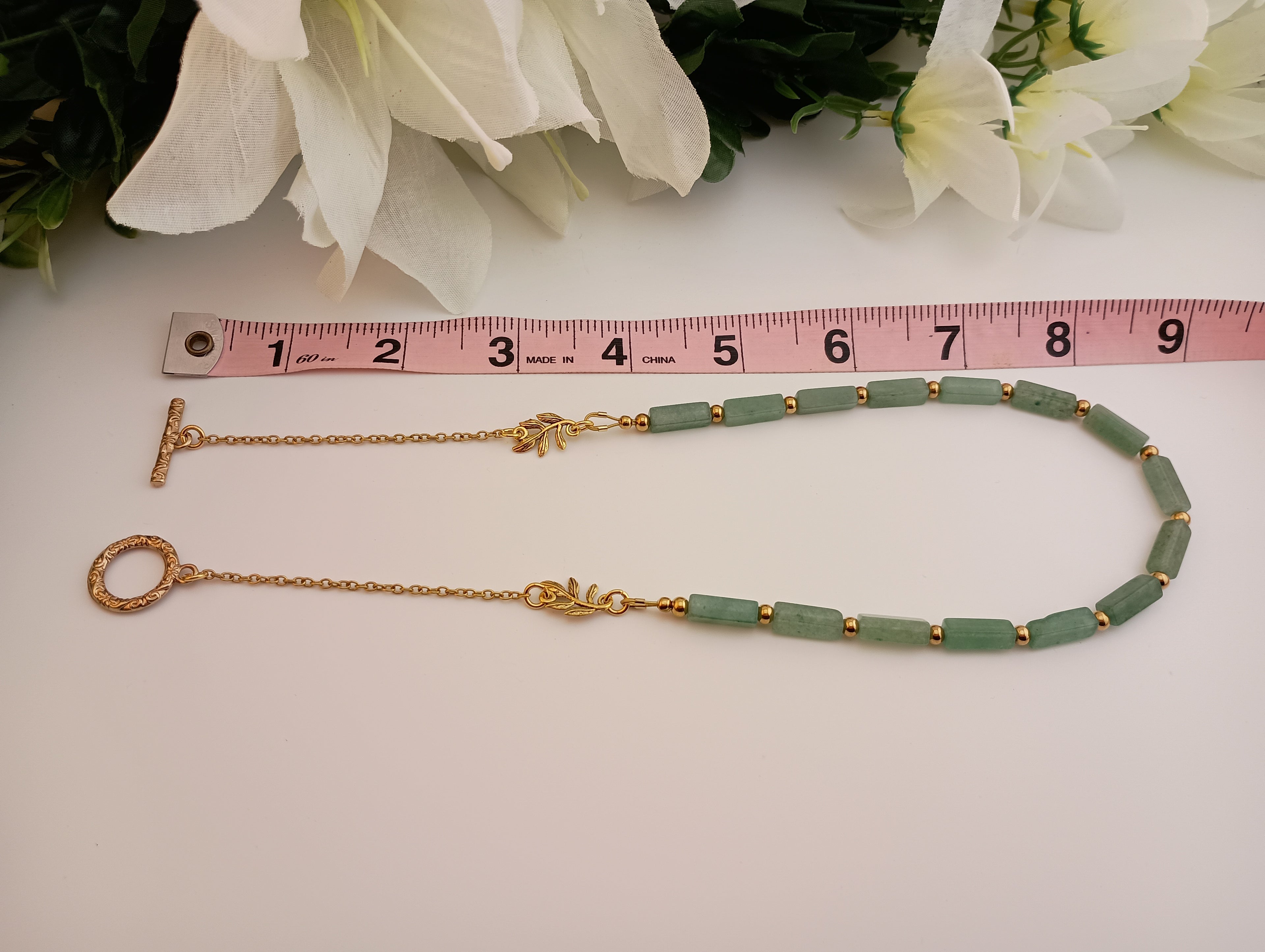 Green Aventurine Necklace | 18K Gold-Plated Leaf Charm | 14" or 18"