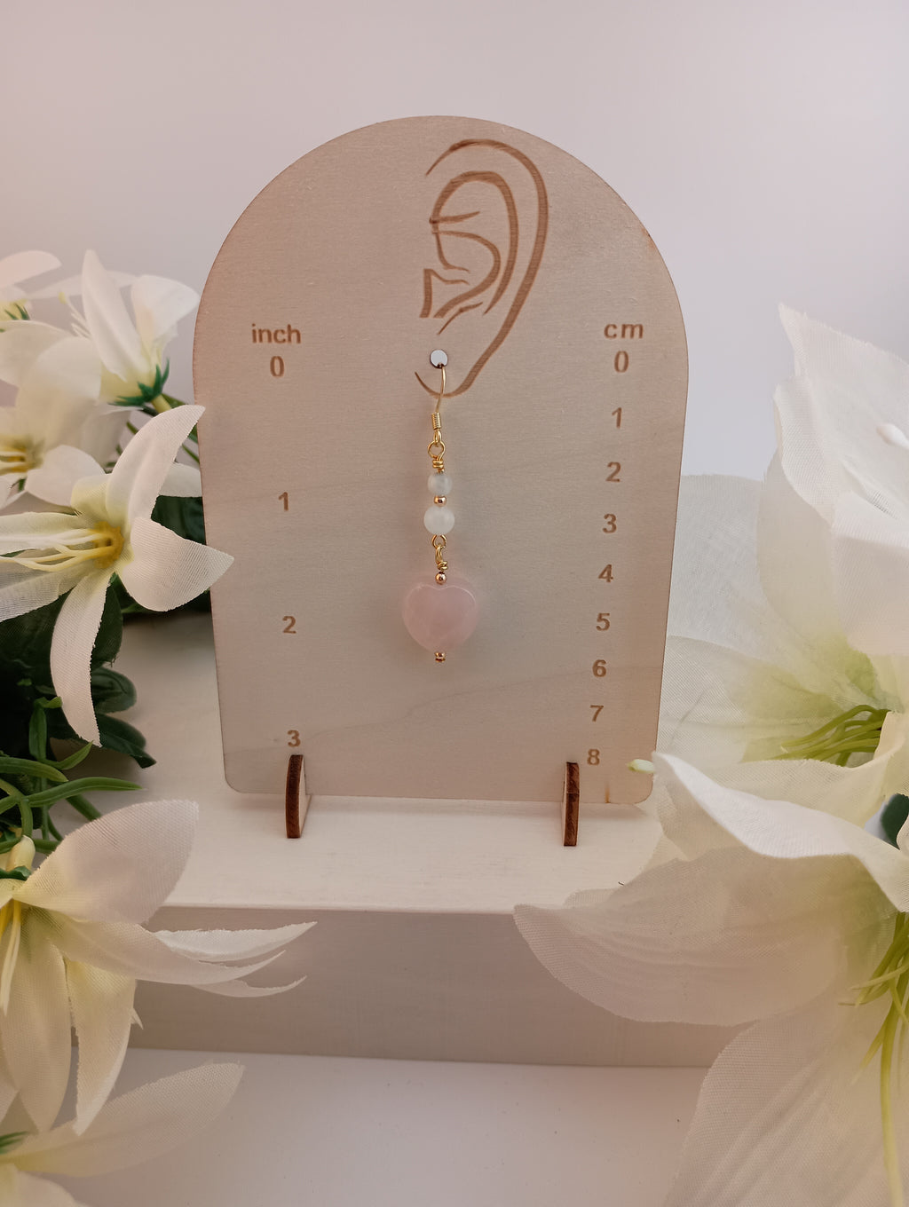 Rose Quartz Heart & Moonstone Drop Earrings | 18K Gold-Plated Stainless Steel Hooks | 1.5"