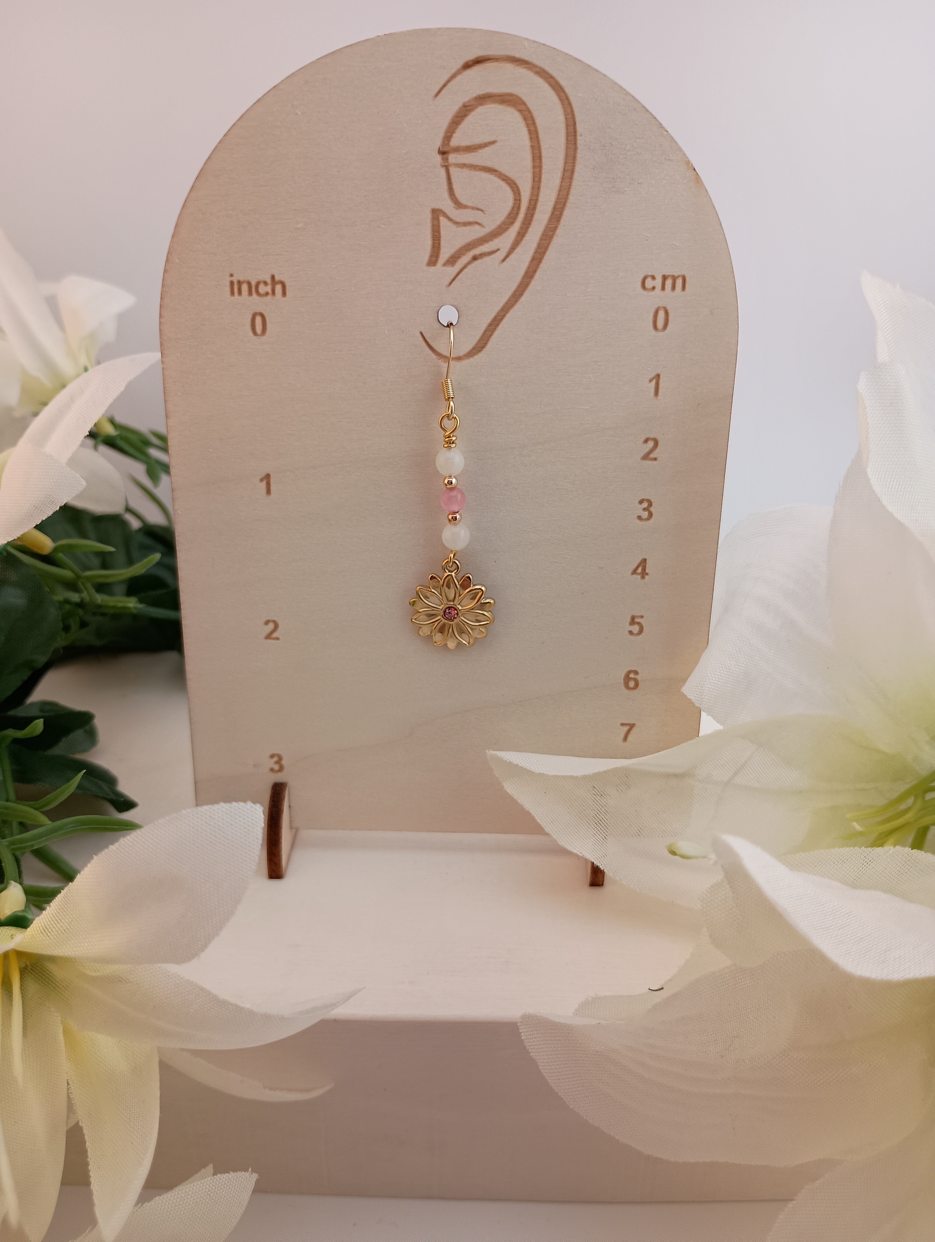 Moonstone & Cat's Eye Glass Drop Earrings | 18K Gold-Plated Sunflower Charm | 2"