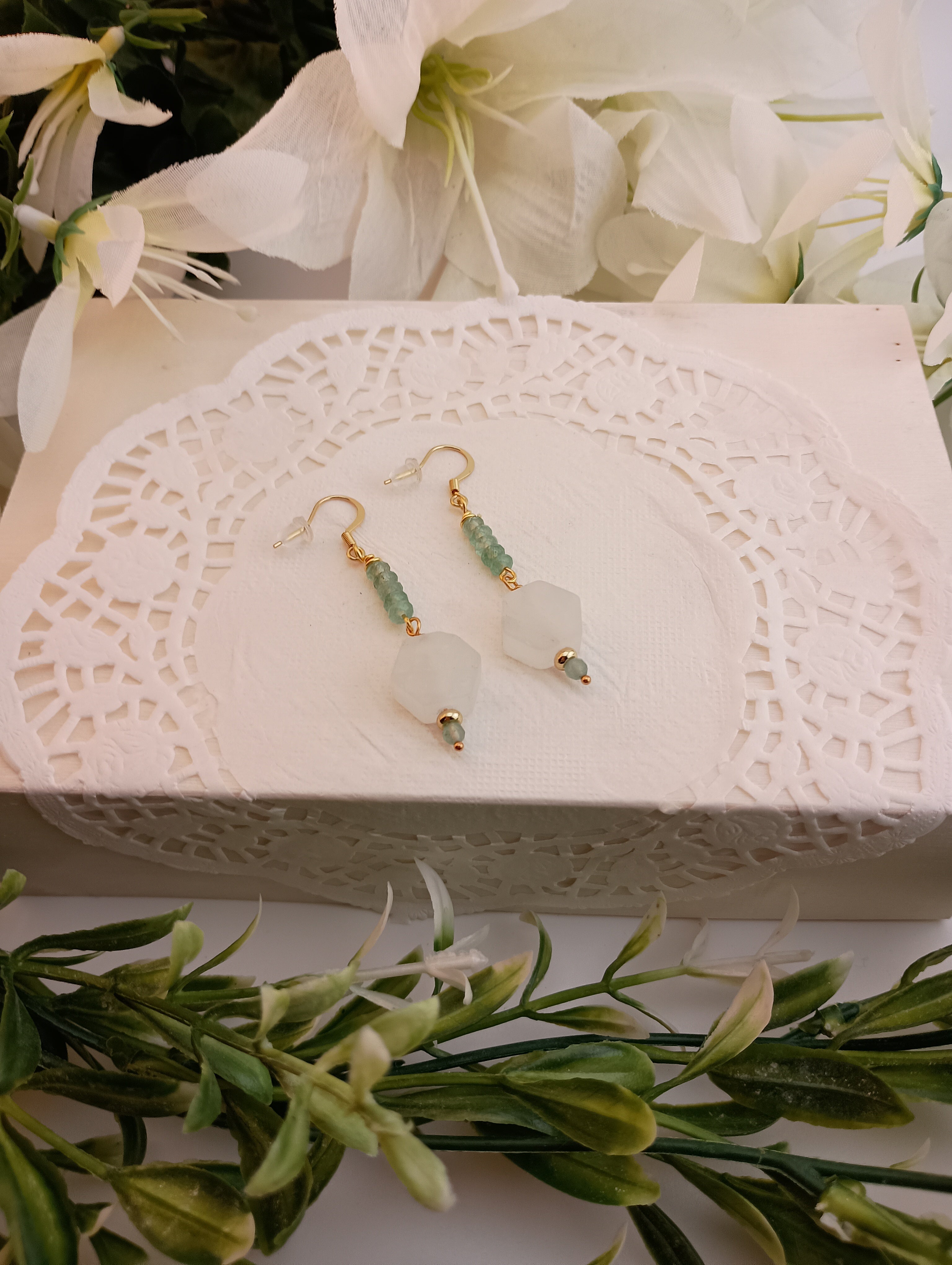 Quartz Crystal & Green Aventurine Drop Earrings | 18K Gold-Plated | 2.5"