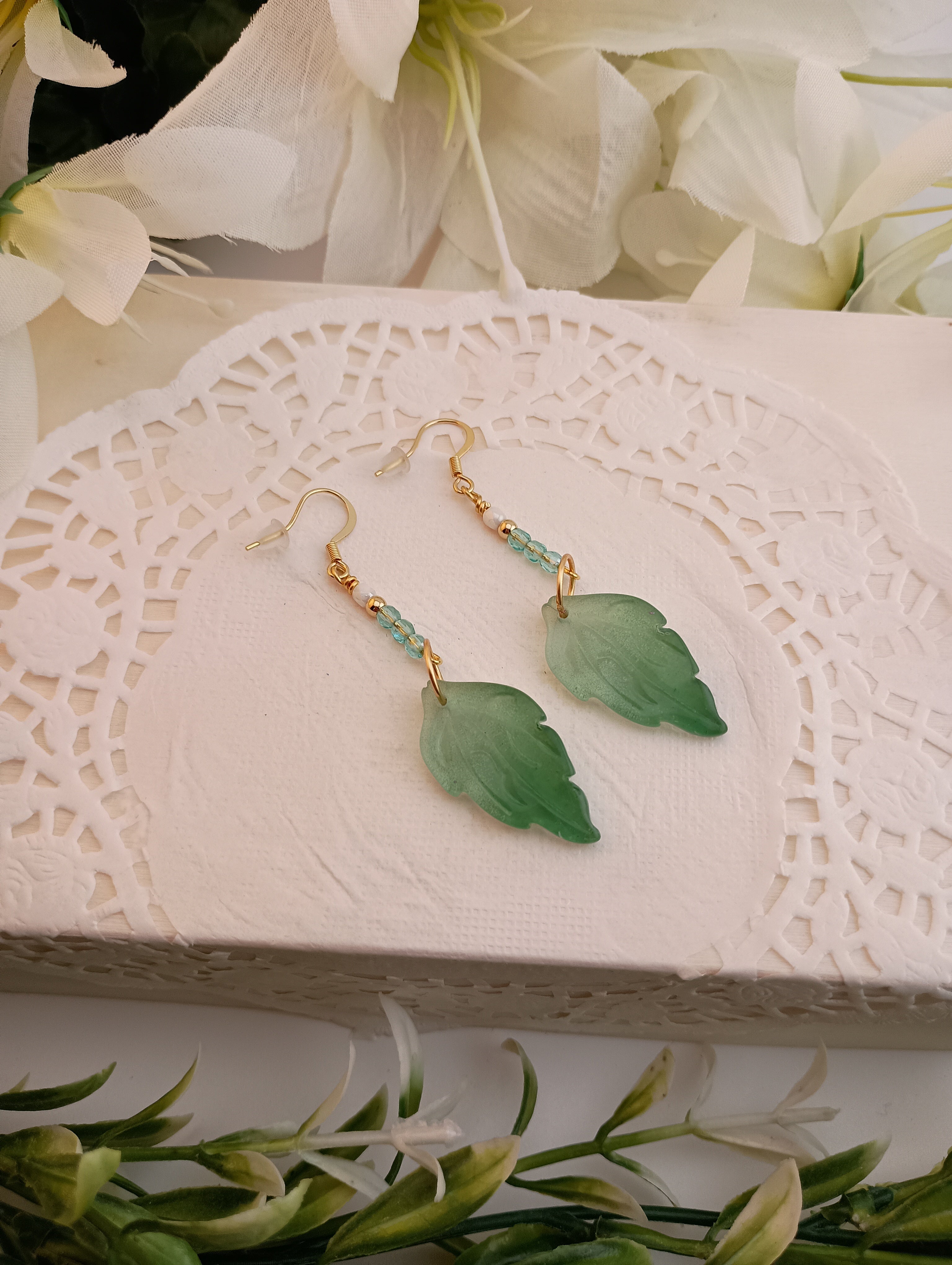Green Crystal Leaf Drop Earrings | 18K Gold-Plated | 2.5"