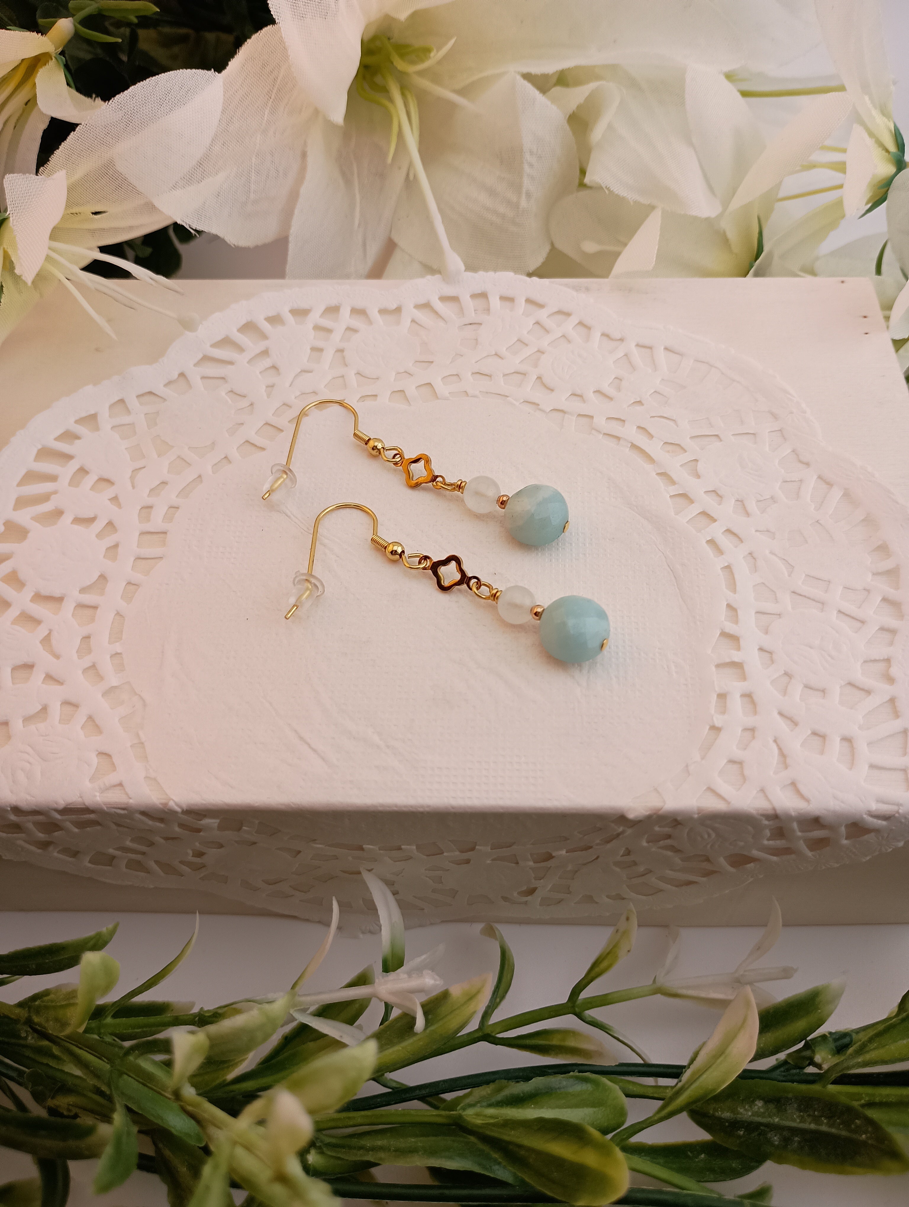 Amazonite & Moonstone Drop Earrings | 18K Gold-Plated Clover Link | 2"