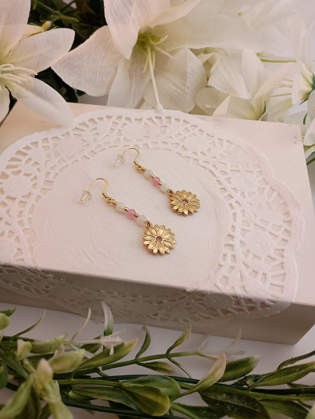 Moonstone & Cat's Eye Glass Drop Earrings | 18K Gold-Plated Sunflower Charm | 2"