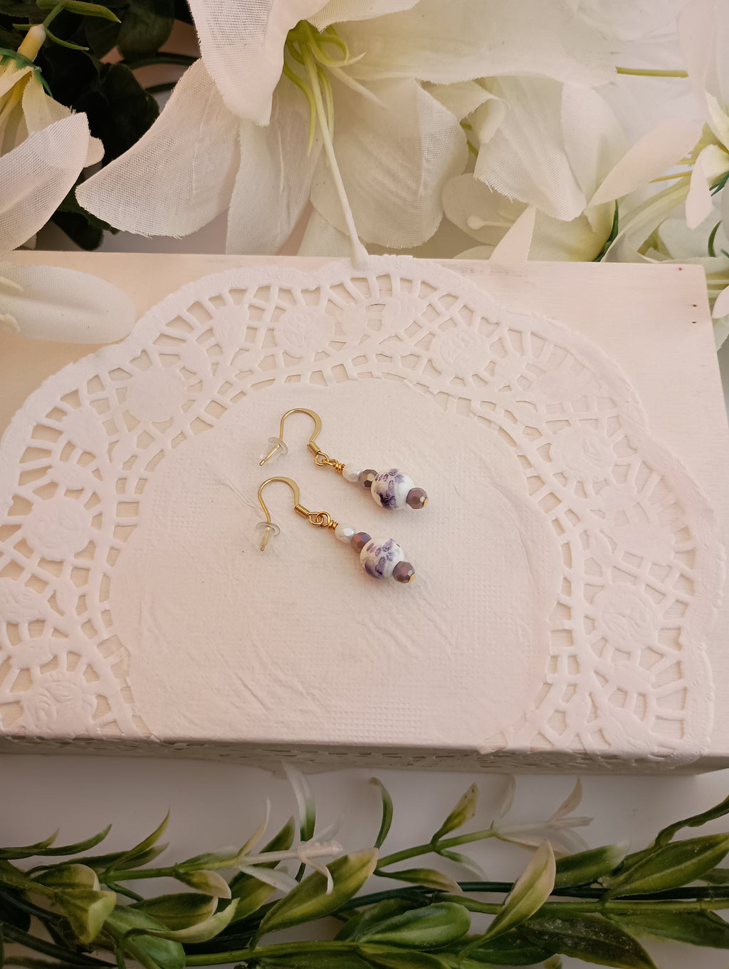 Floral Ceramic & Glass Crystal Drop Earrings | 18K Gold-Plated | 1.5"
