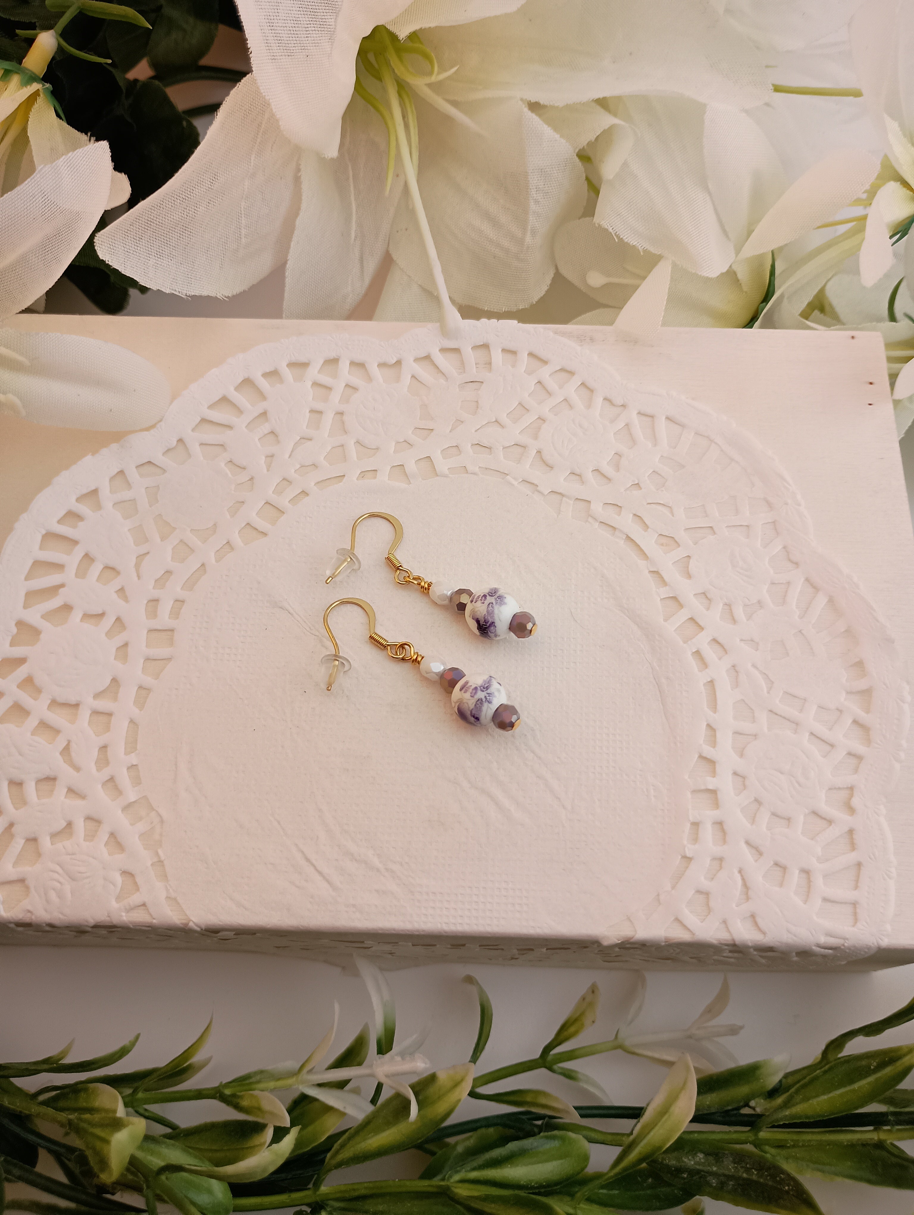 Floral Ceramic & Glass Crystal Drop Earrings | 18K Gold-Plated | 1.5"