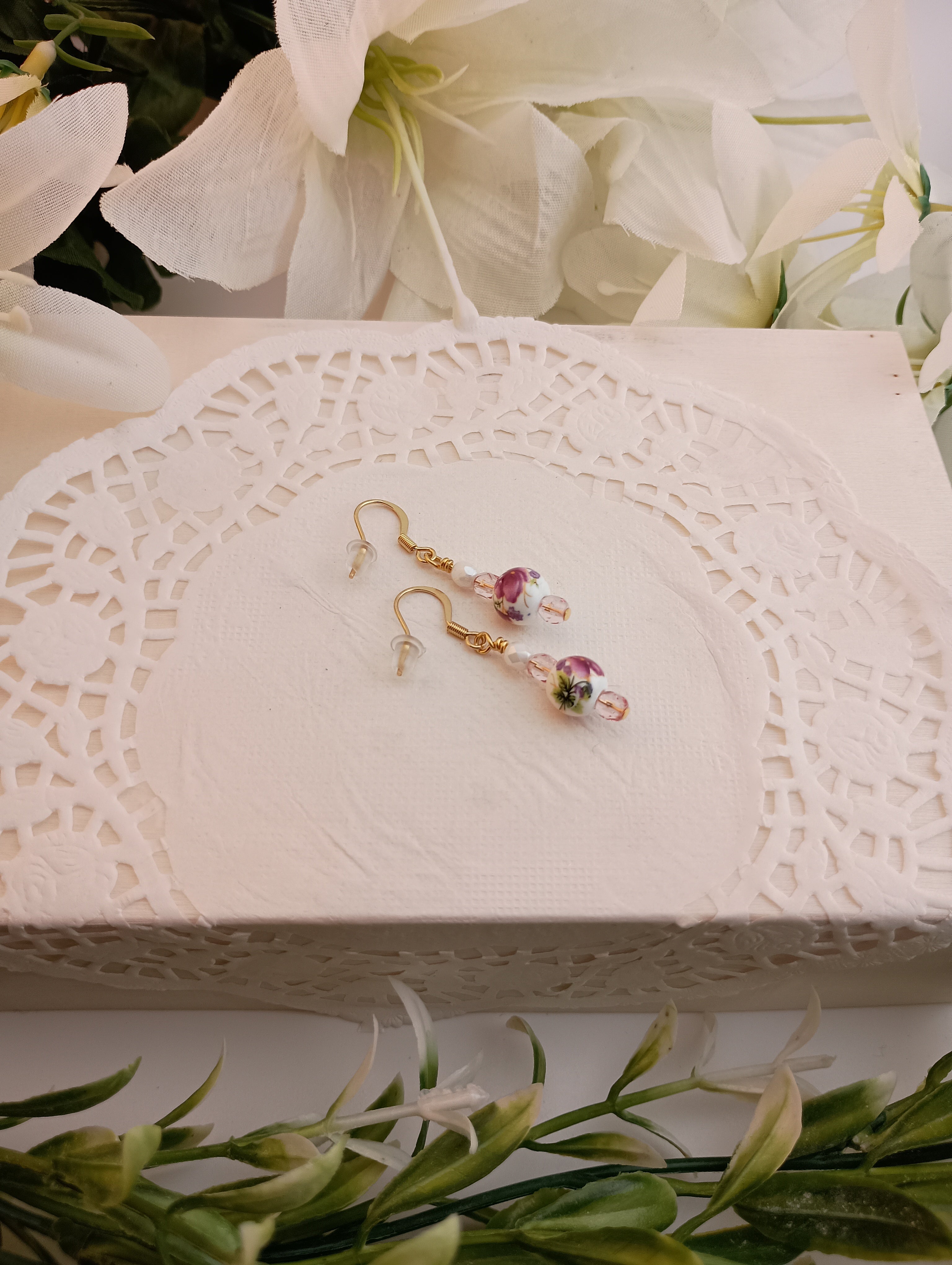Floral Ceramic & Glass Crystal Drop Earrings | 18K Gold-Plated | 1.5"
