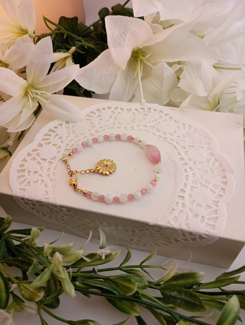 Pink Cat's Eye & Moonstone Bracelet | 18K Gold-Plated Sunflower Charm | Adjustable