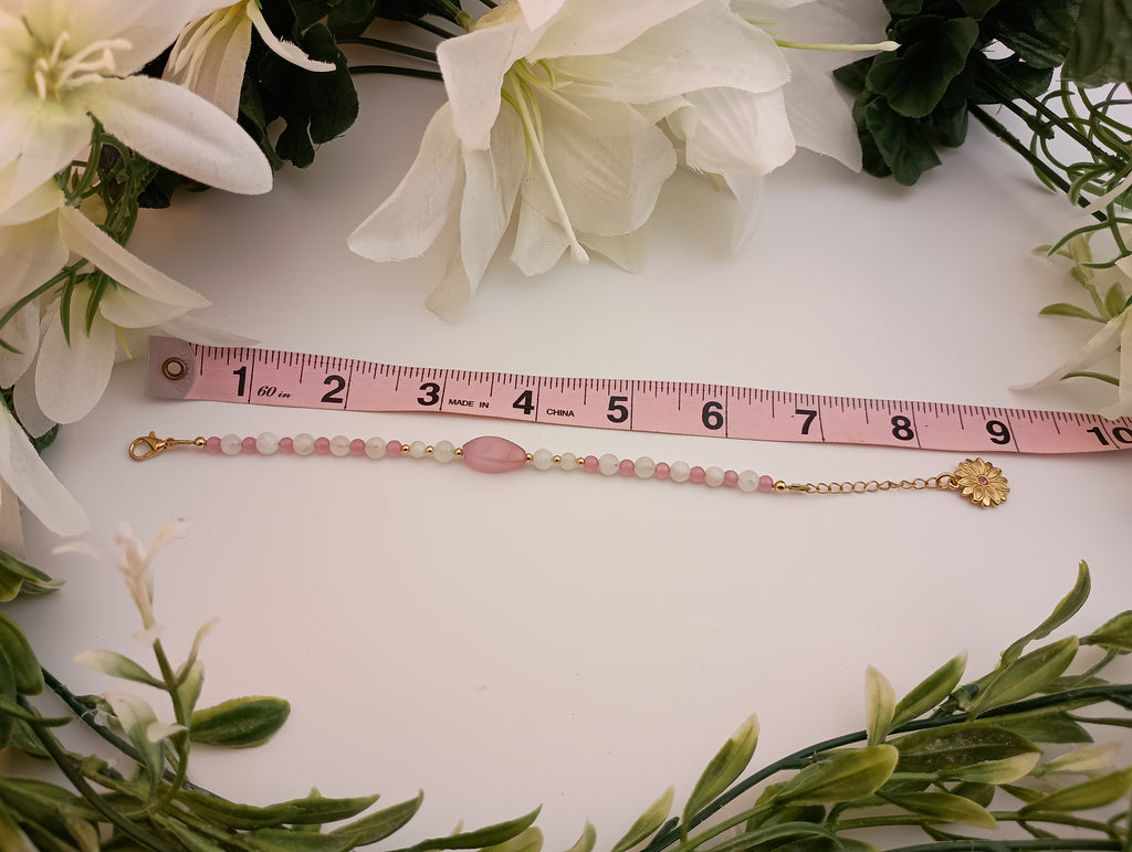 Pink Cat's Eye & Moonstone Bracelet | 18K Gold-Plated Sunflower Charm | Adjustable