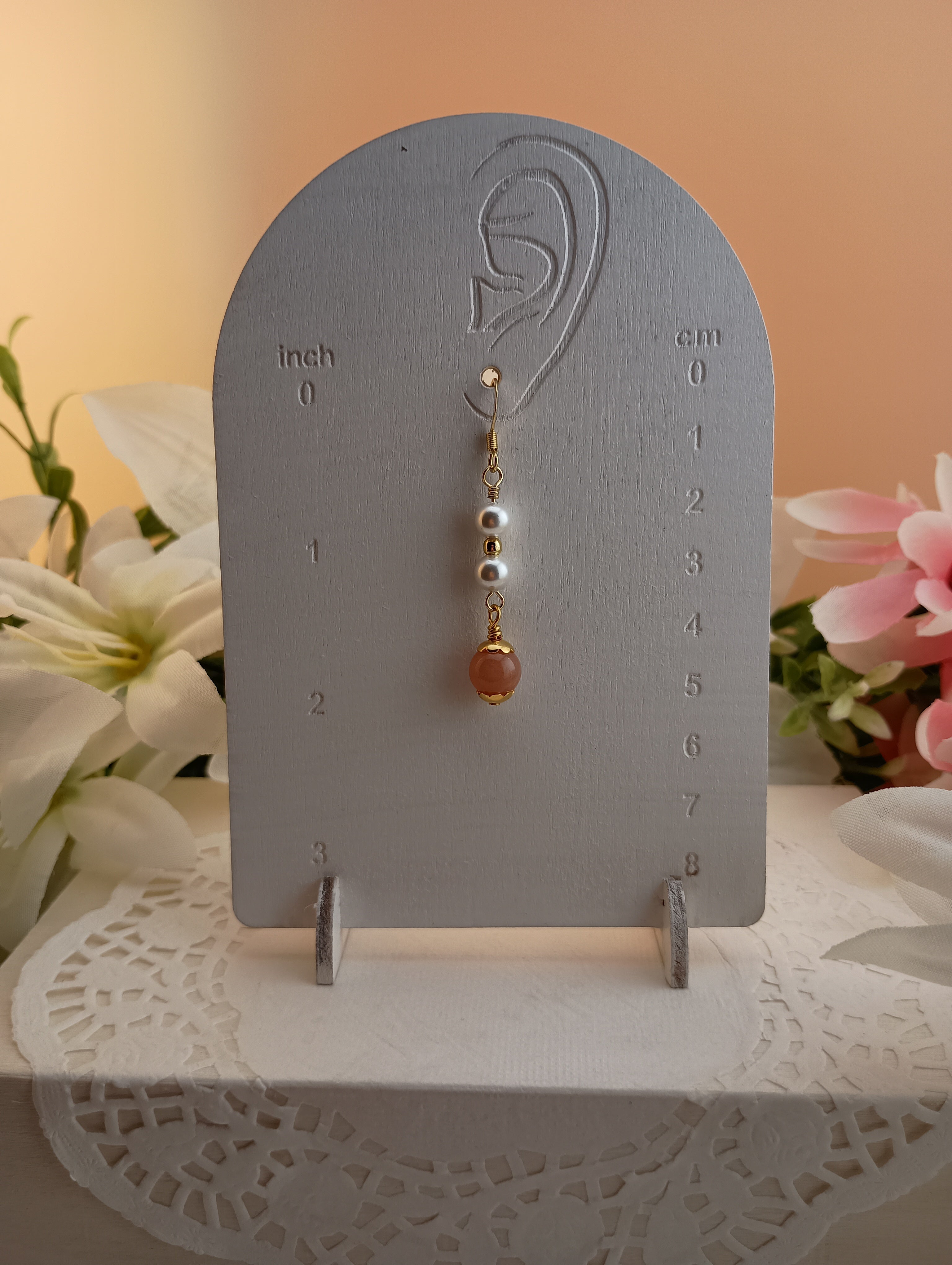 Sunstone Drop Earrings with Pearl Accent