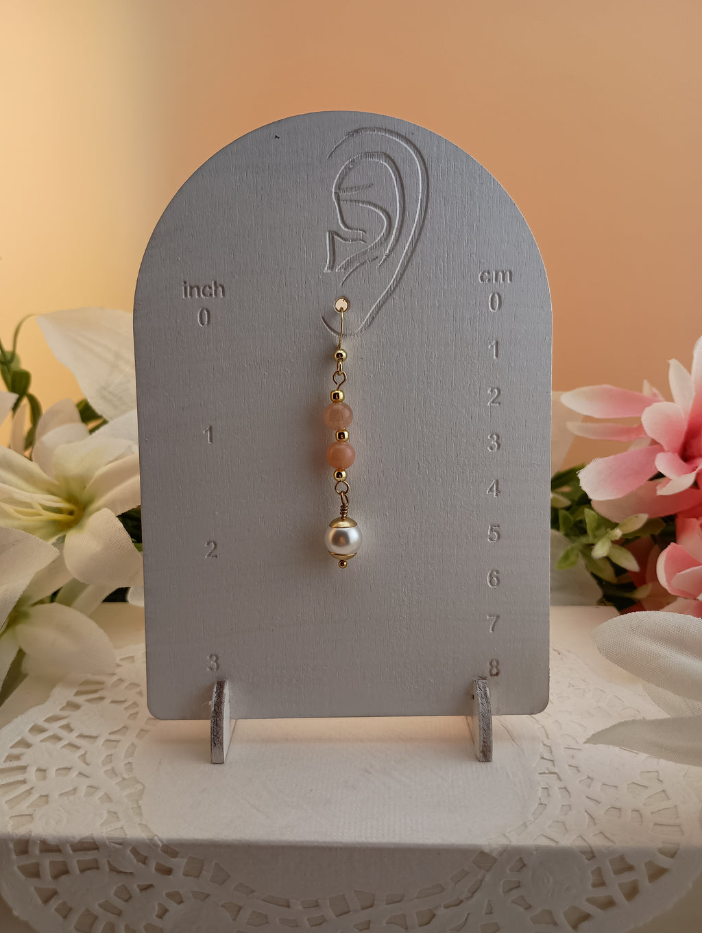Pearl Drop Earrings with Sunstone Accent