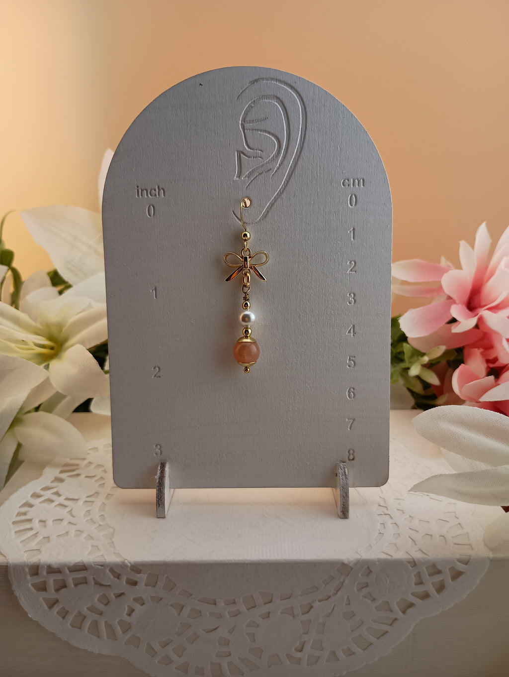 Pearl, Sunstone and Bow Drop Earrings