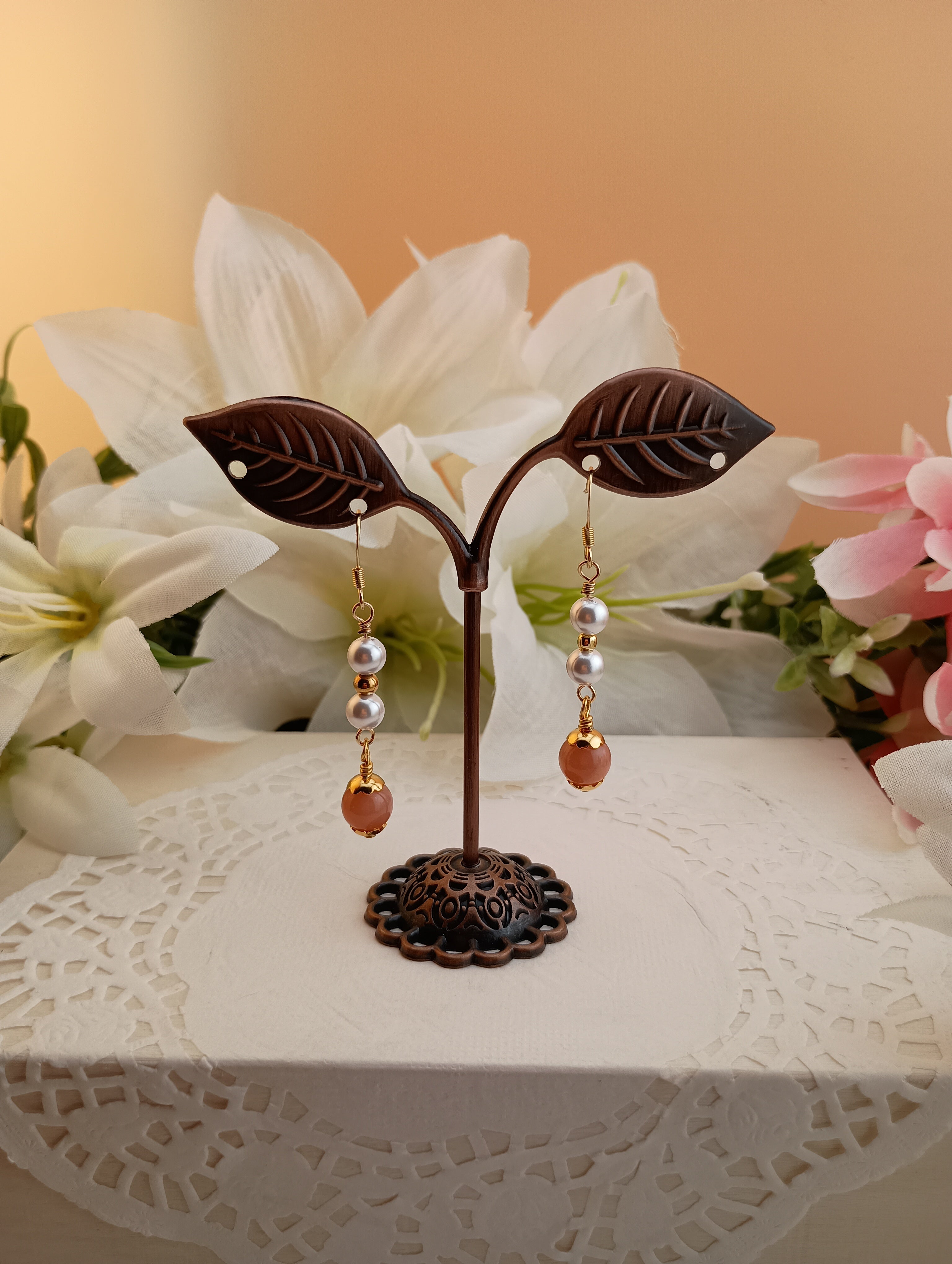 Sunstone Drop Earrings with Pearl Accent
