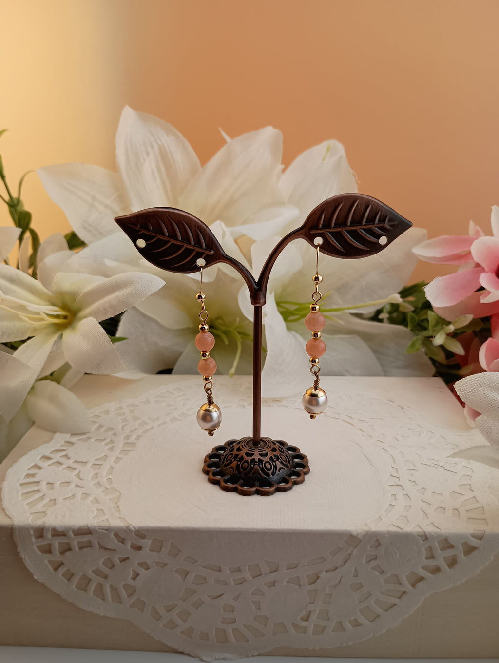 Pearl Drop Earrings with Sunstone Accent