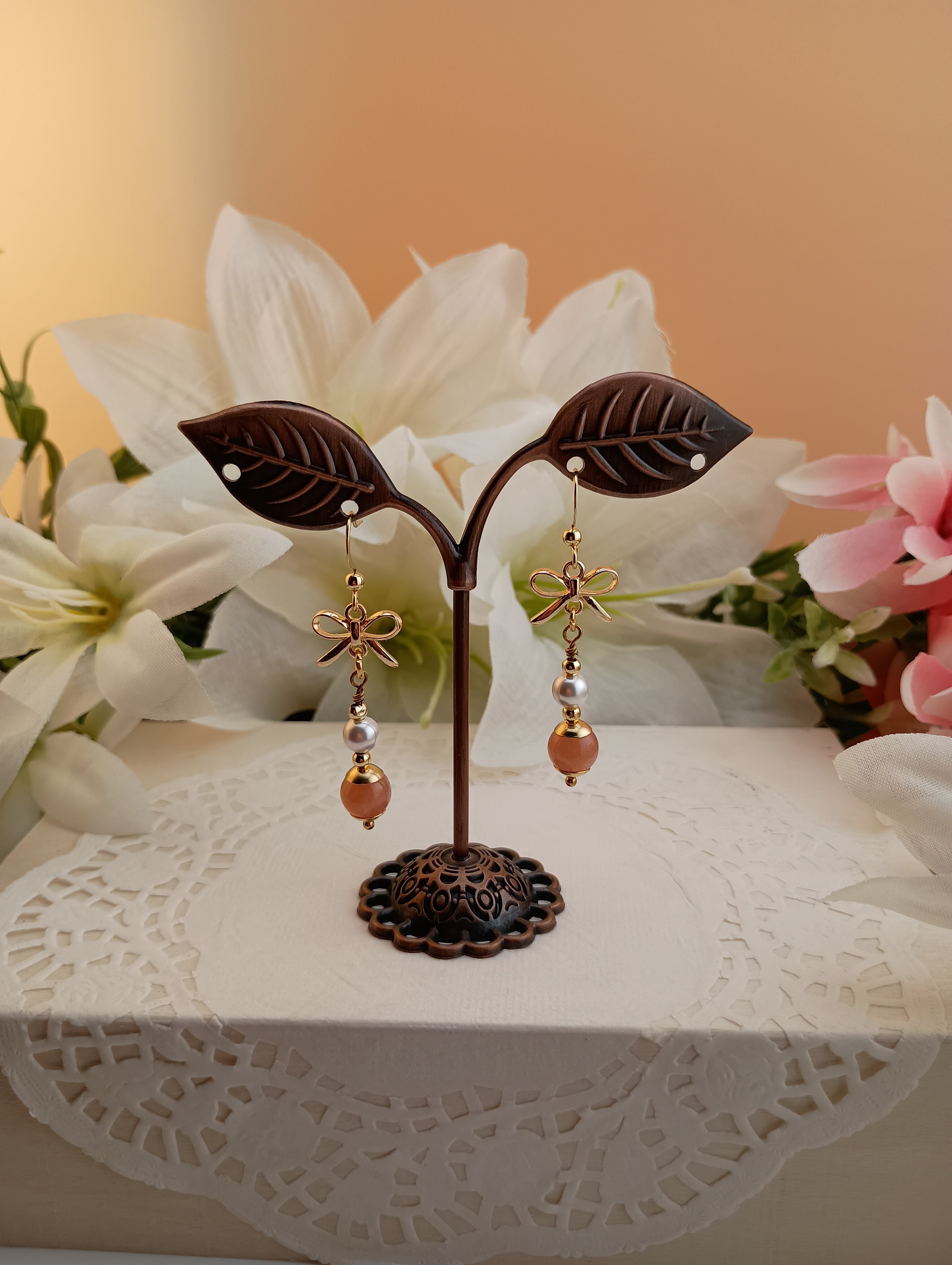 Pearl, Sunstone and Bow Drop Earrings