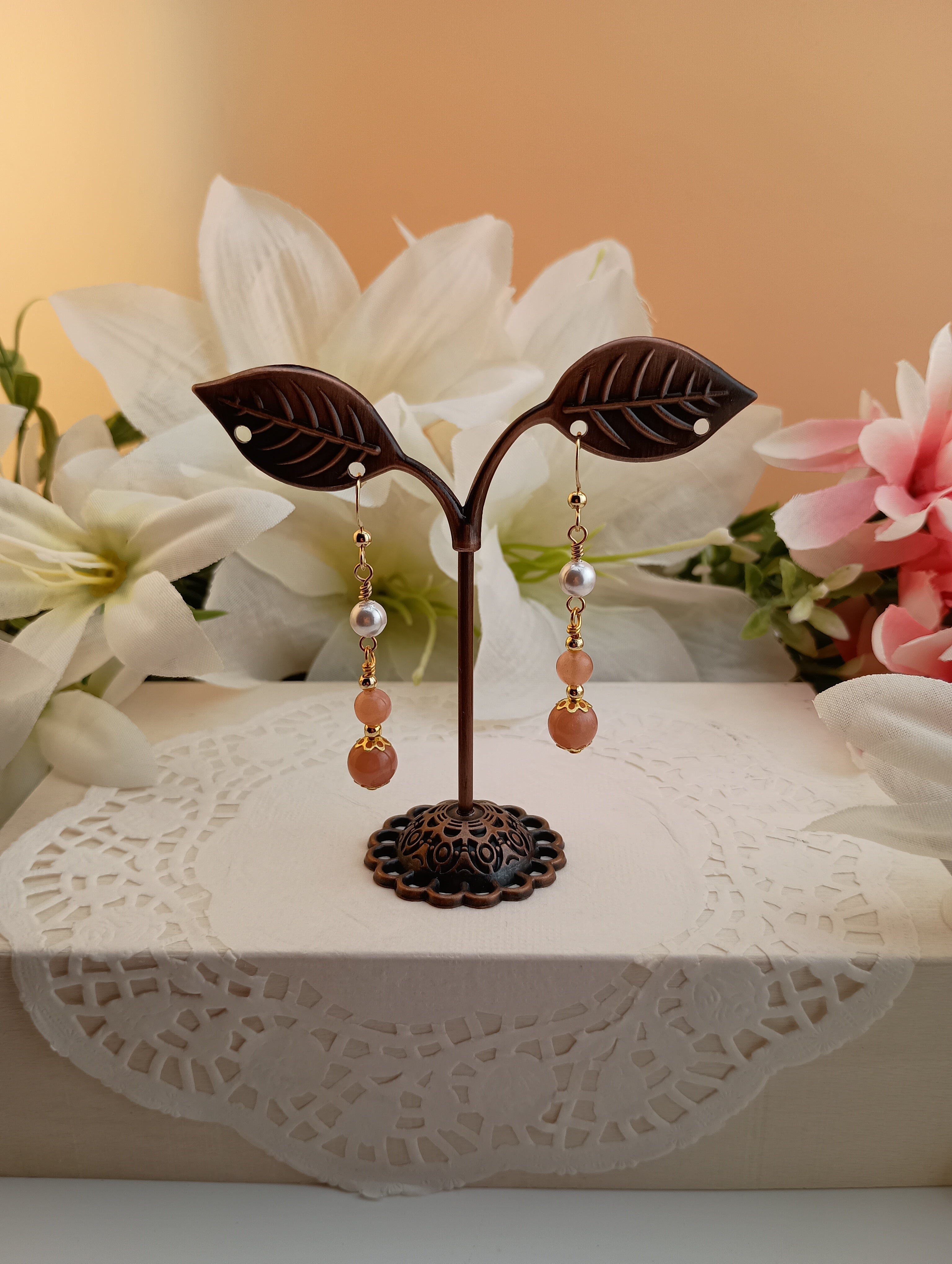 Pearl and Double Sunstone Earrings