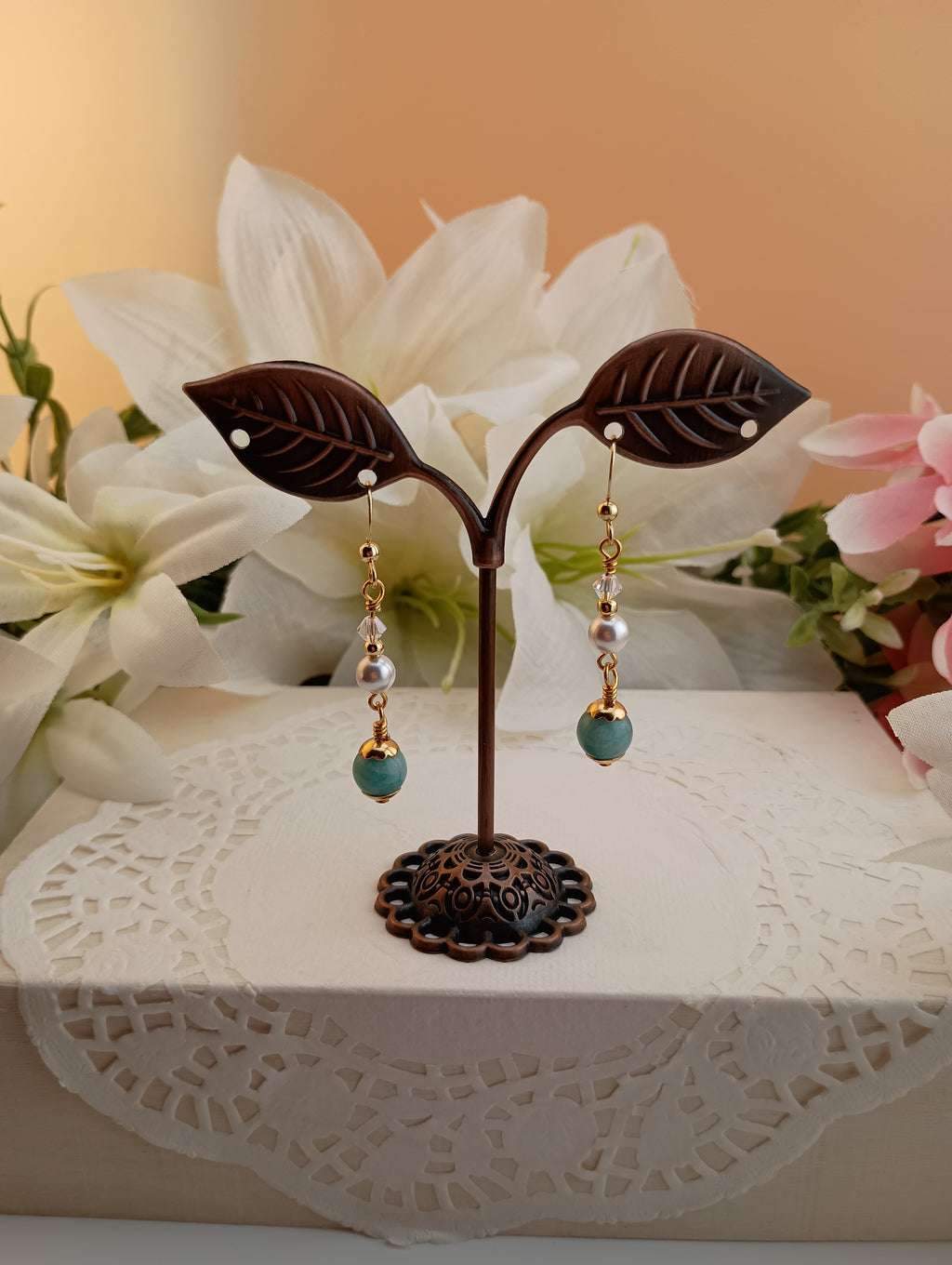 Amazonite Drop Earrings with Pearl and Crystal Accents