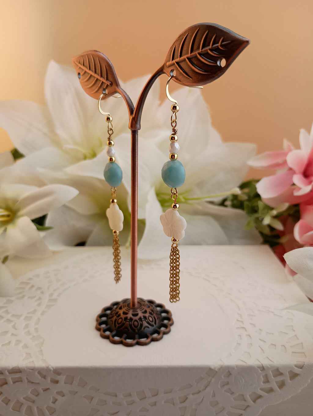 Amazonite Drop Earrings with Shell Flower Charm