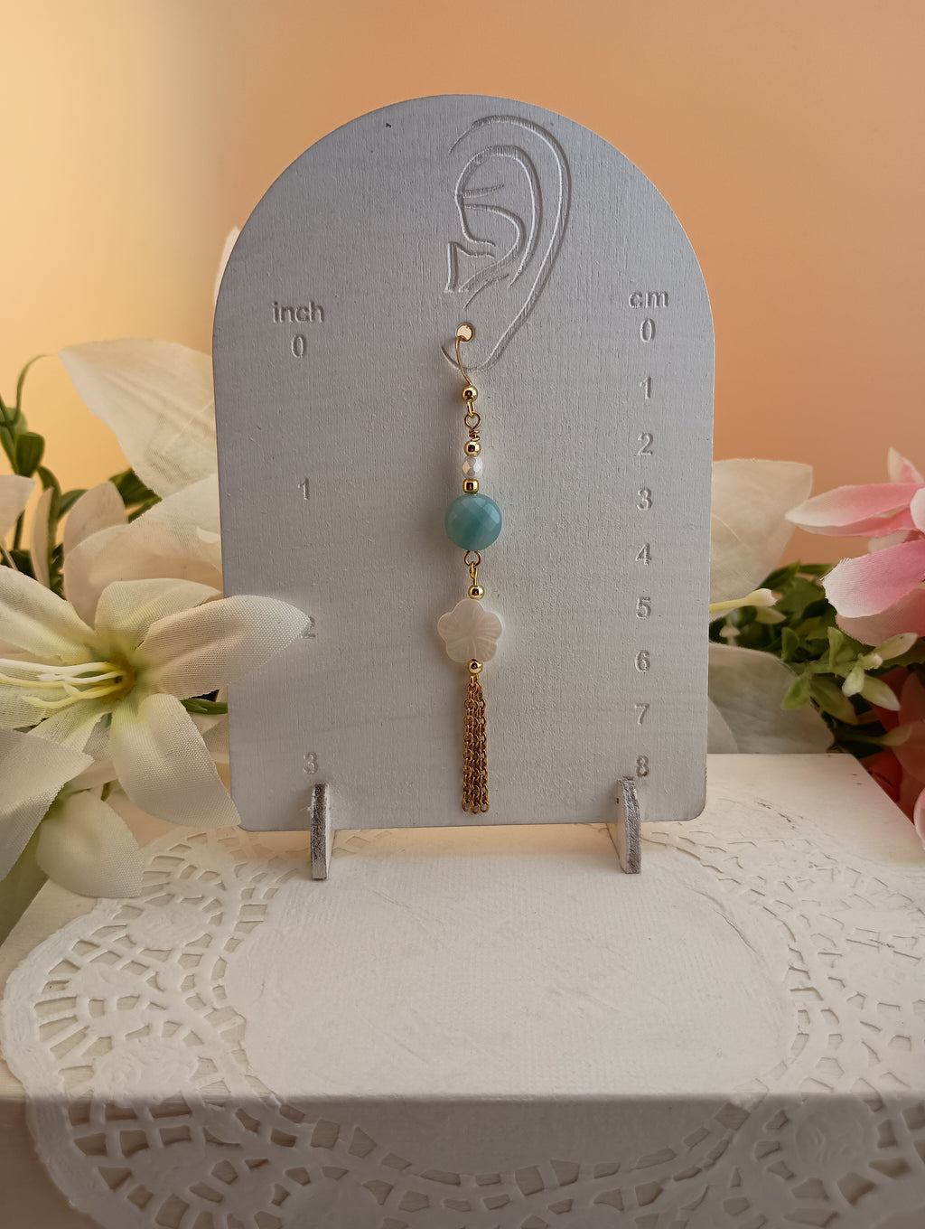 Amazonite Drop Earrings with Shell Flower Charm