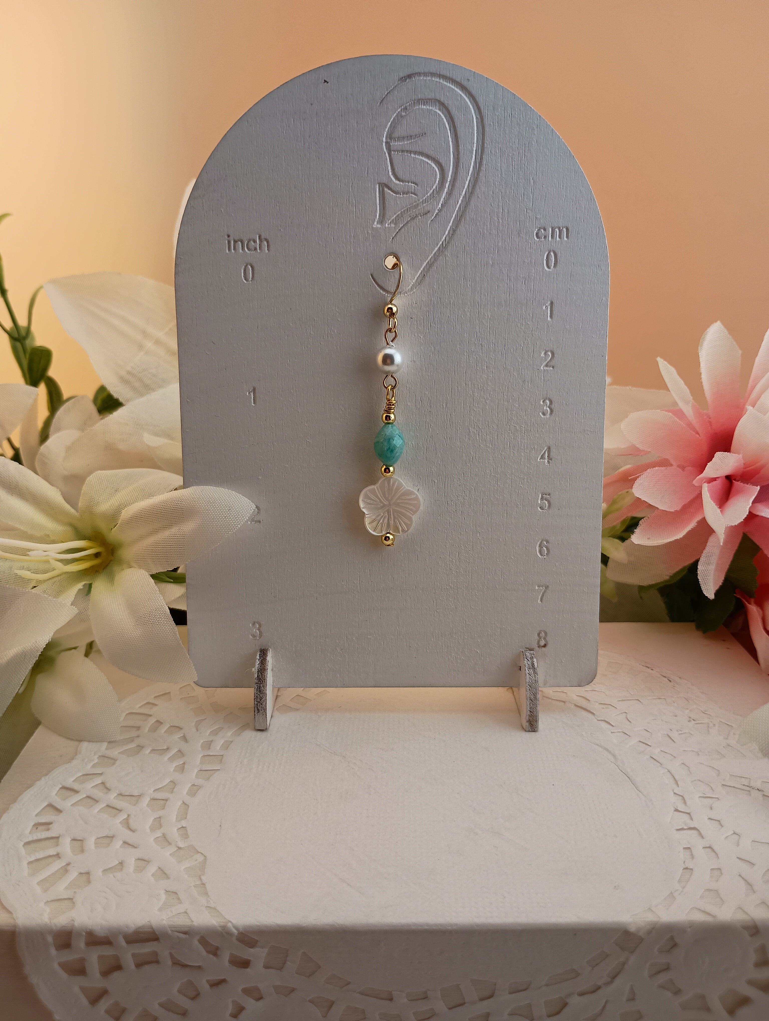 Pearl and Amazonite Drop Earrings with Shell Flower Charm