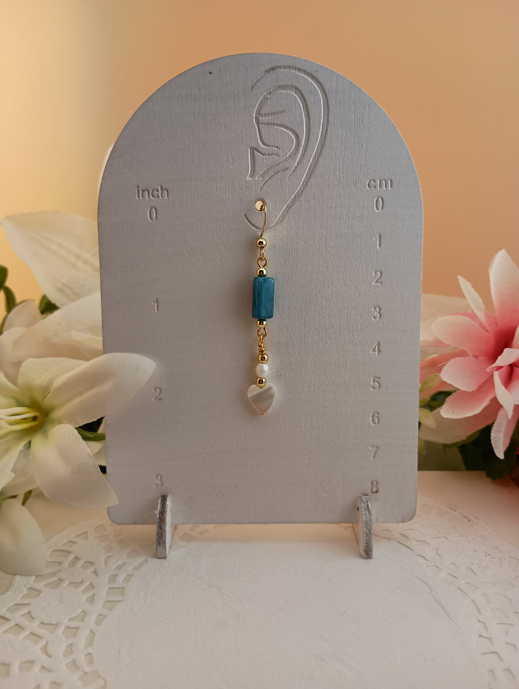 Apatite Drop Earrings with Shell Heart Charm