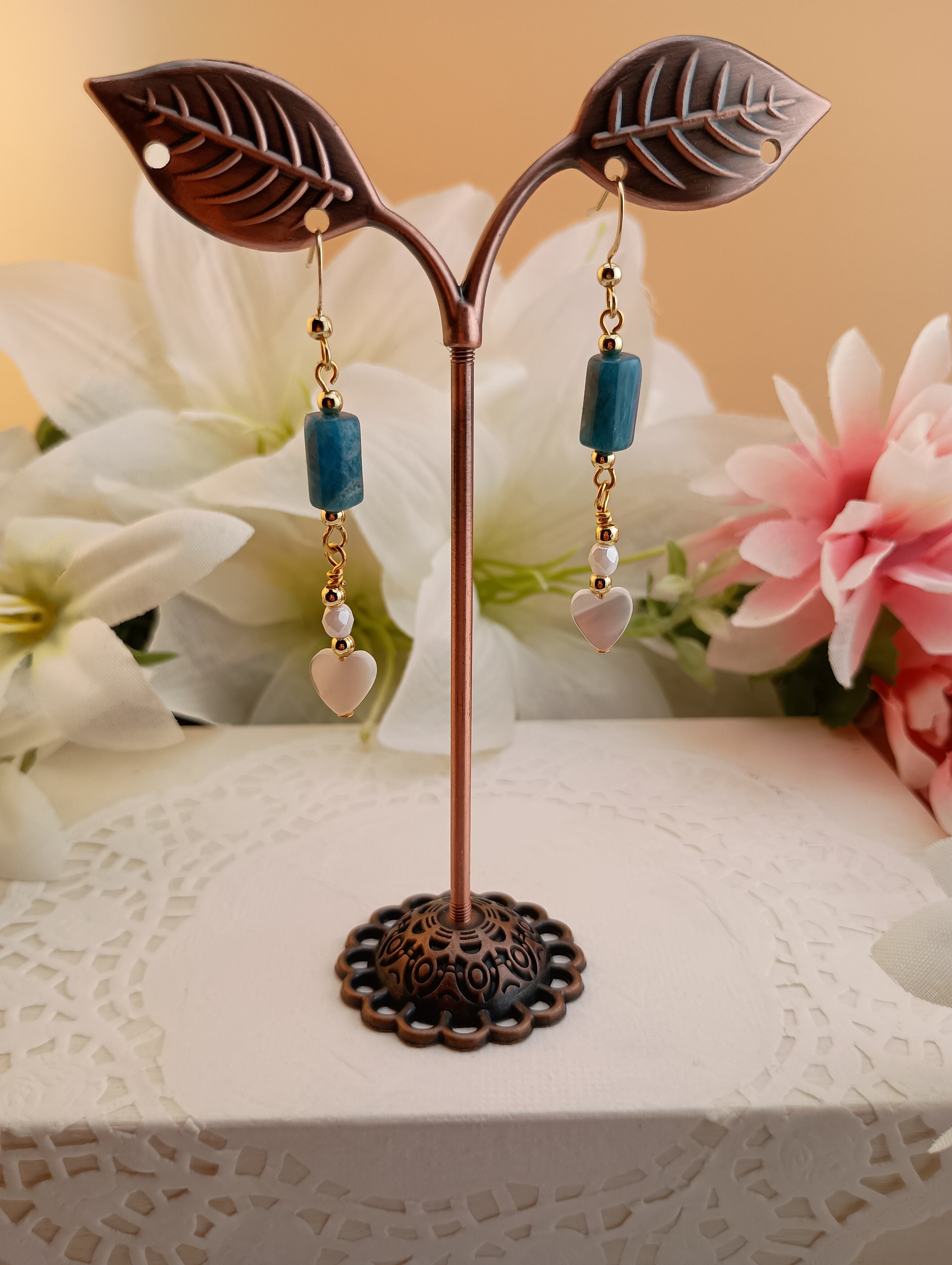 Apatite Drop Earrings with Shell Heart Charm