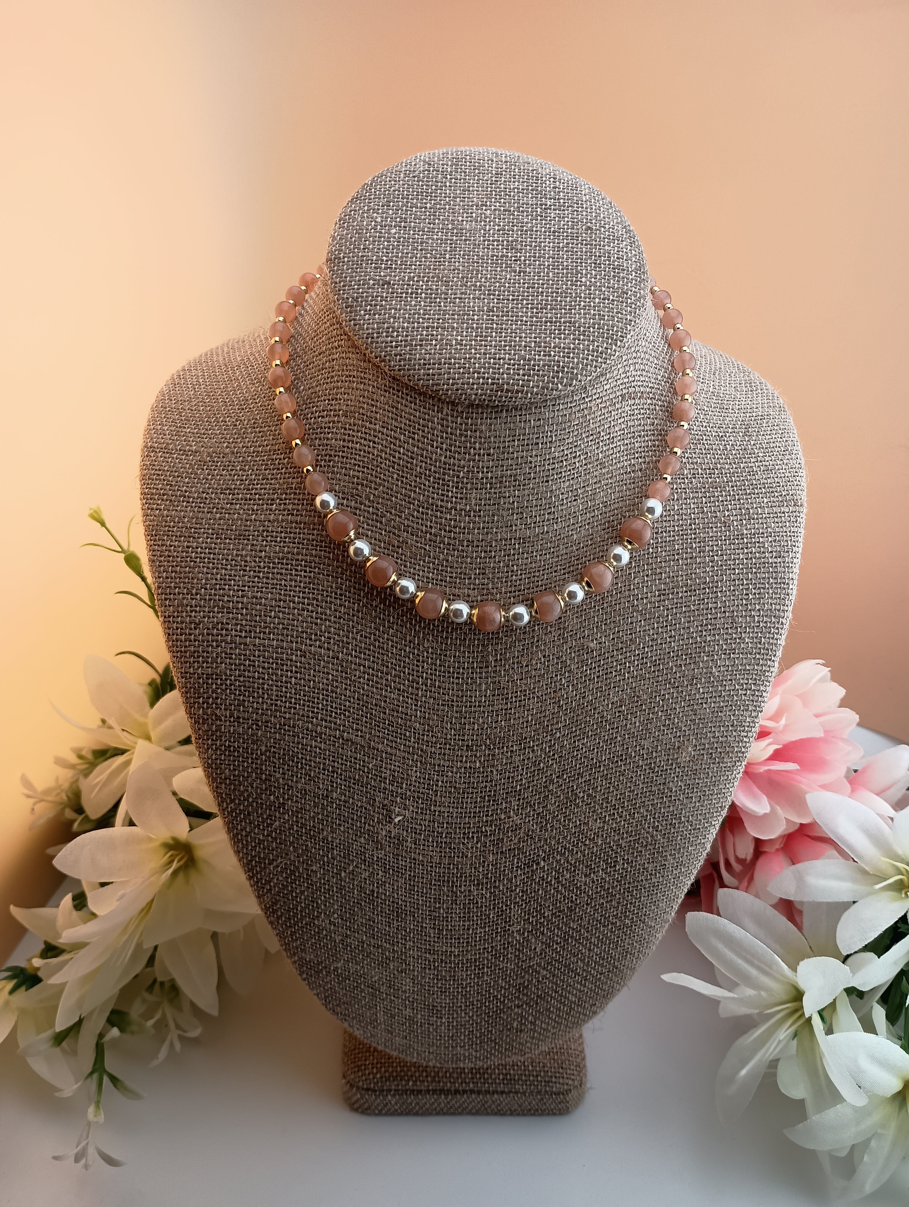Sunstone and Shell Pearl Necklace